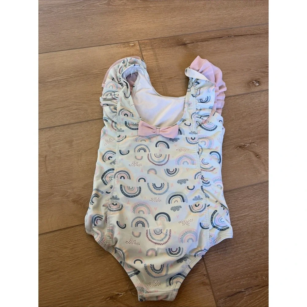 RuffleButts Rainbow Waterfall Ruffle One Piece Swimsuit Girls Size 8 Bow Girly